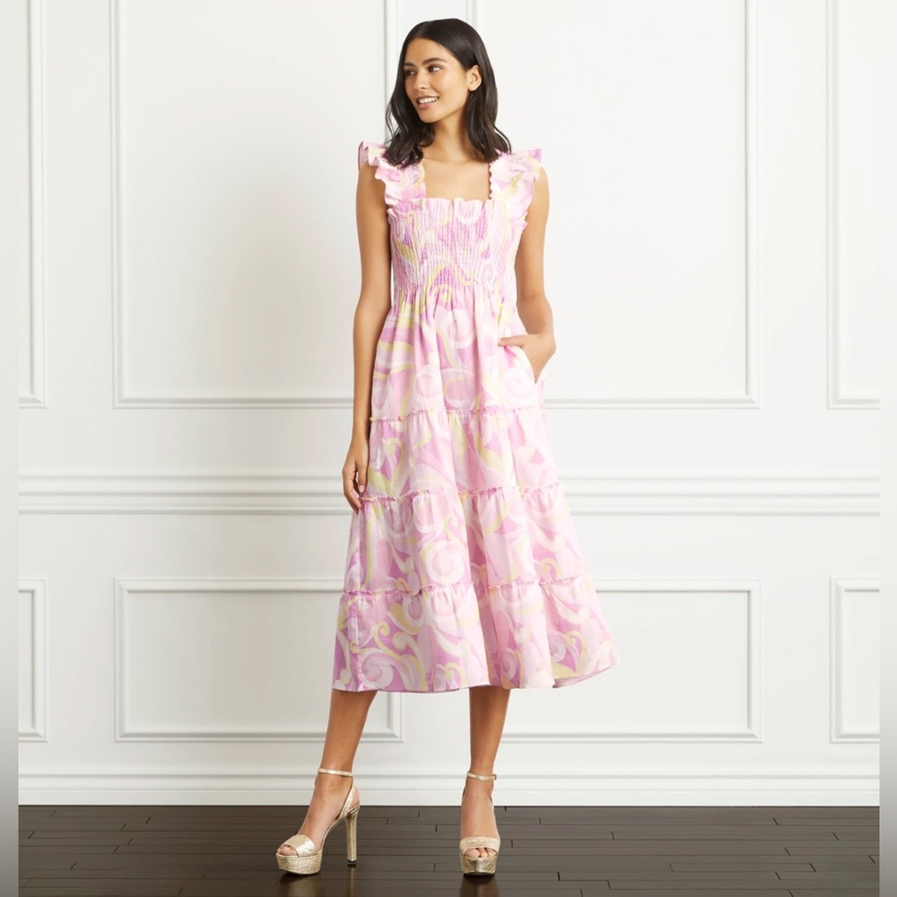 Hill House Pink & Cream Tiered Smocked Midi Dress